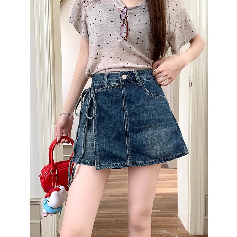 

Retro Belted Denim Skirt Women Summer Small Size Anti-Light High Waist Slim Fit Bodycon A-Line Short Skirt Pants XS