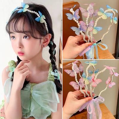 Imitation Pearl Butterfly Ribbon Headband Versatile Temperamental Hair Hoop Headwear Hair Styling Accessories for Children