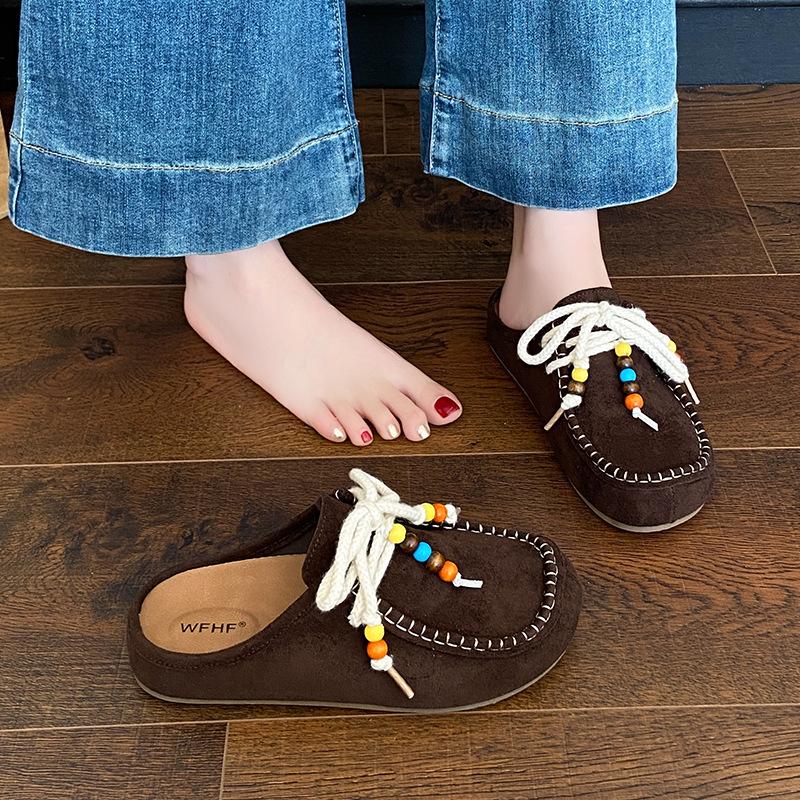 2025 New Fashion Casual Bag Head Half Drag Women Thick Bottom Outer Wear Explosion Lazy Niche Ethnic Style Lace-up Slippers