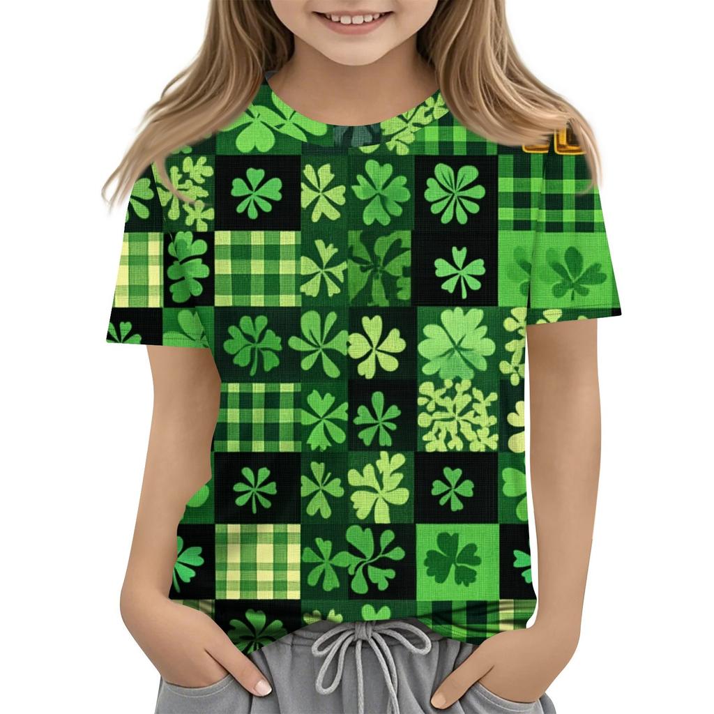 Children's Fashion Casual Short-sleeved St. Patrick Print Crew-neck T-shirt Top