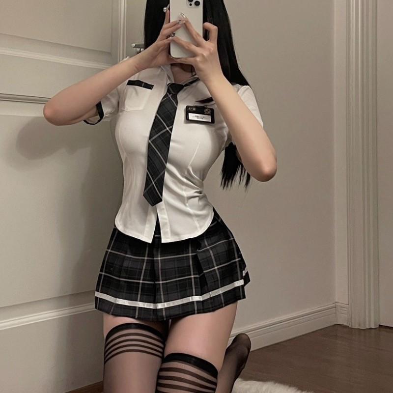 Womens Japanese Style JK Uniform Set Short Sleeve Shirt Plaid Skirt High Waist Casual Outfit