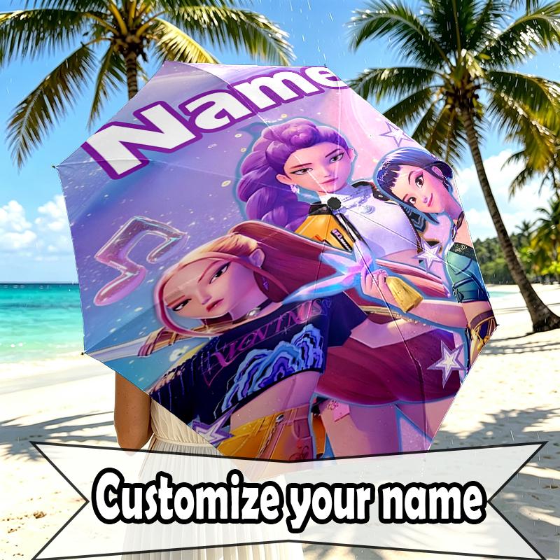 Custom Name Personalized KPop Hunters Print Umbrella, Auto Open Close, 8‑Rib Sturdy Frame, Commute Camping Hiking Use, Birthday Gift