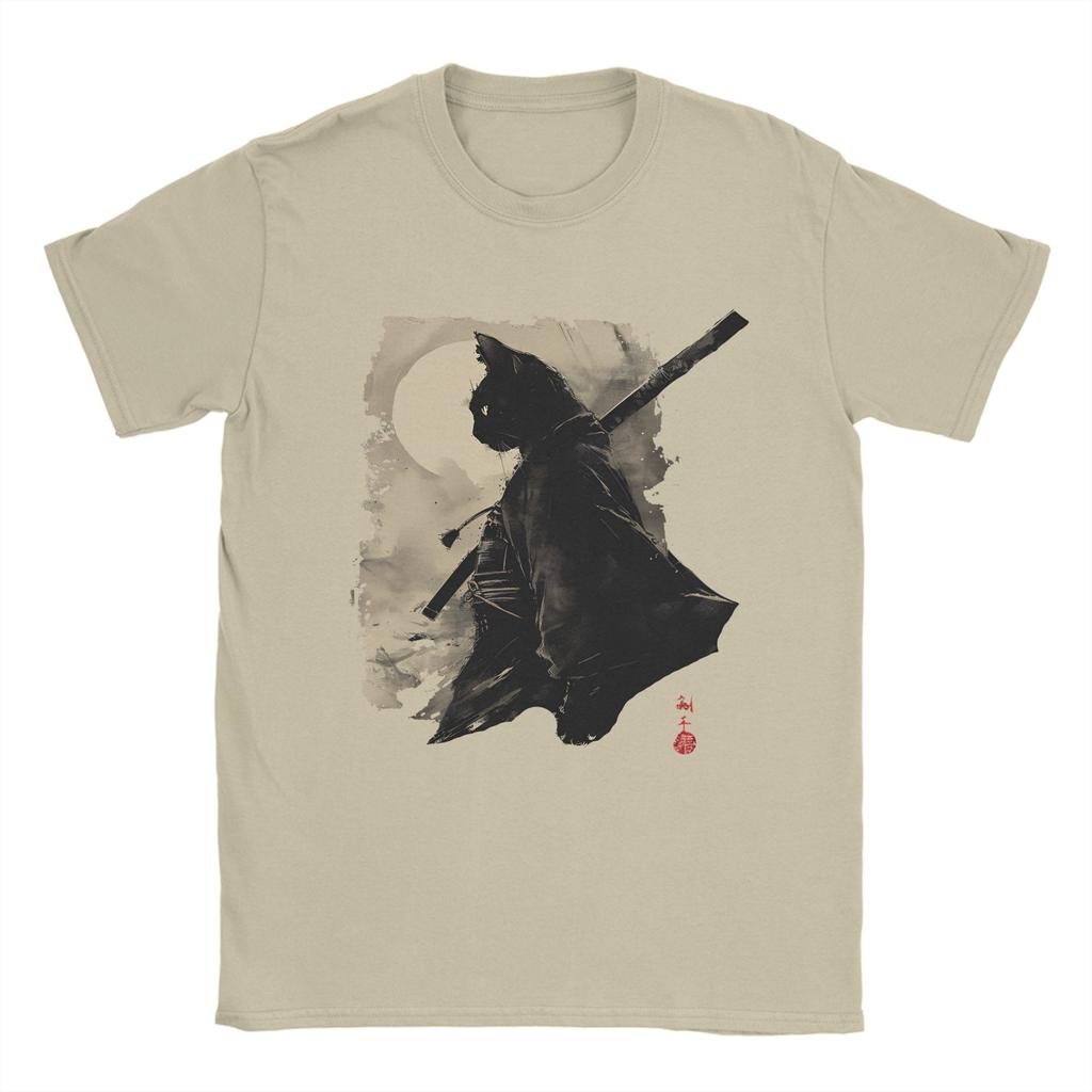TShirts Unisex Samurai Cat Leisure Pure Cotton Tee Shirt Round Neck Short Sleeve T Shirt Plus Size Clothing