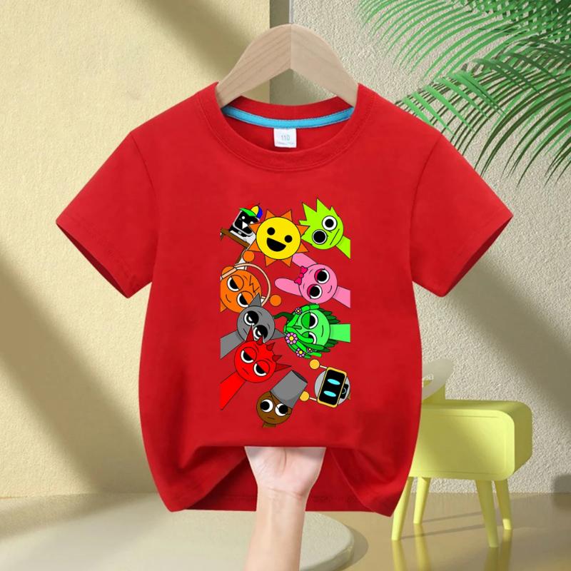 

Dessin animé Sprunki personnage imprimé enfants T-shirt pur coton à manches courtes noir dessin animé haut pour les garçons 140cm