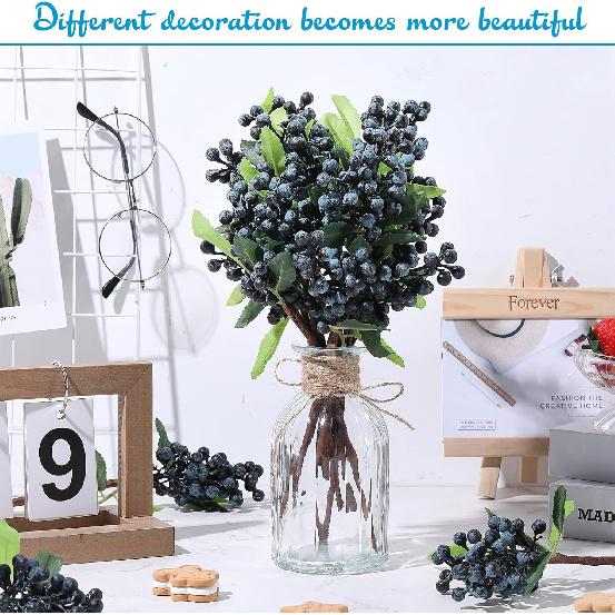 Yunsailing 30 Pcs Artificial Blue Berry Stems Bulk, 9.8 Inch Faux Berry Picks with Green Leaves, Fake Short Branch Fruit Flower for Christmas Tree
