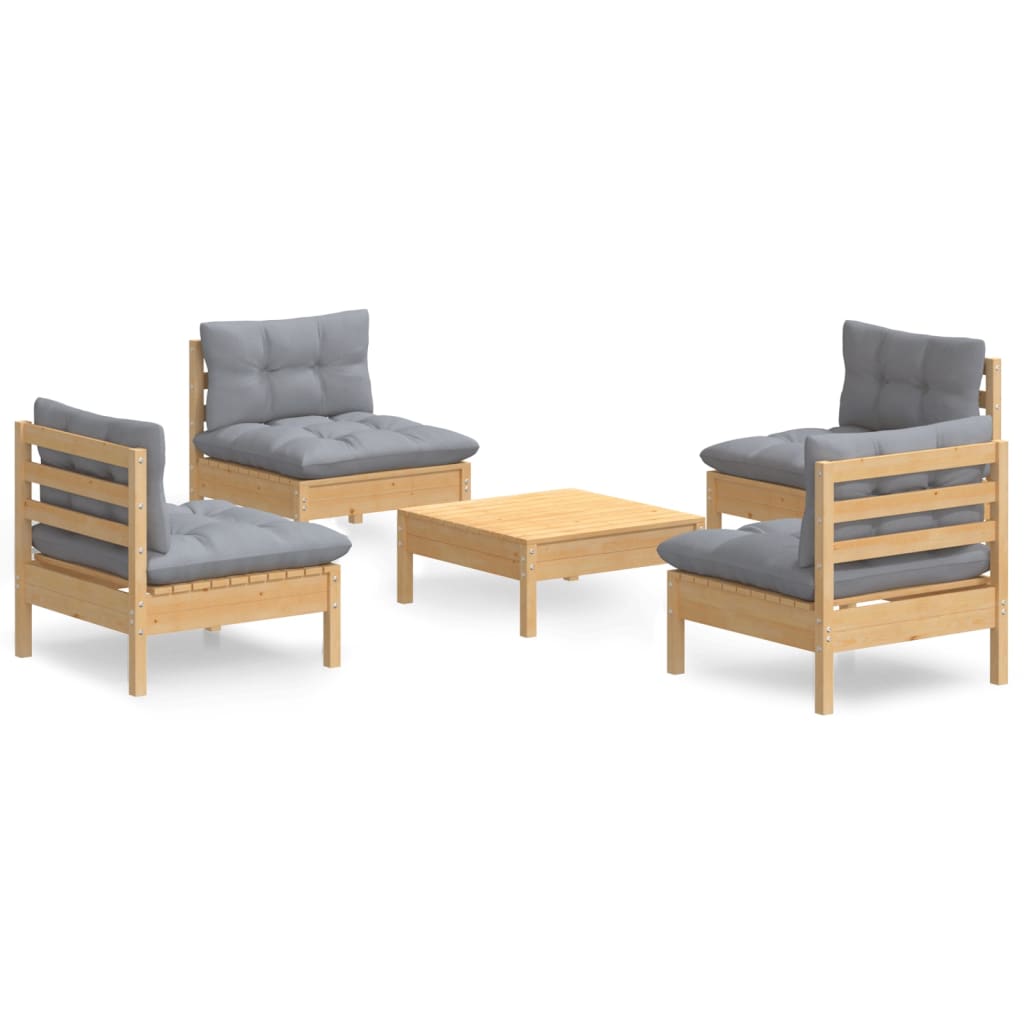 Vidaxl 5-Cz. Garden Lounge Set, Grey Cushions, Pine