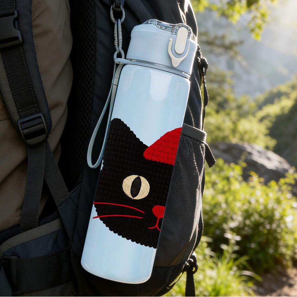 1PC Santa Hat Black Cat 750ml Color Plastic Sports Water Bottle Leakproof Flip Straw Lid Suitable for Sports Office Home Use