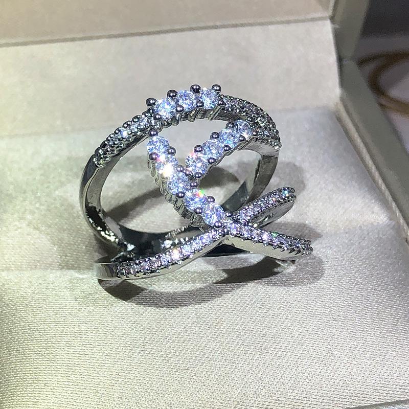 Creative Wrap-around Zircon Ring  Sterling Silver Interwoven Geometric Ring Ladies Birthday Christmas Jewelry Gift