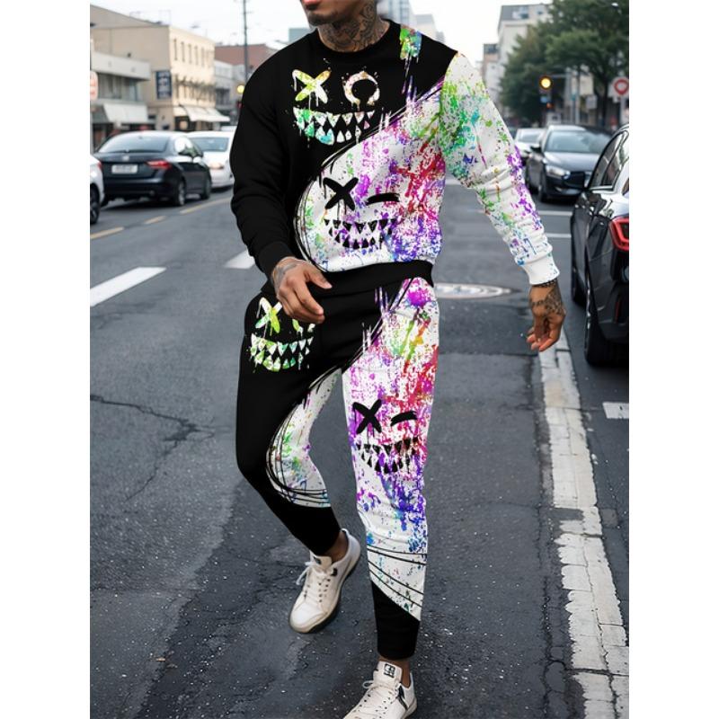 

Осенний мужской спортивный костюм, мужская футболка с длинными рукавами, костюм с длинными брюками, стеганый ретро-принт, повседневные уличные топы, одежда из двух частей L
