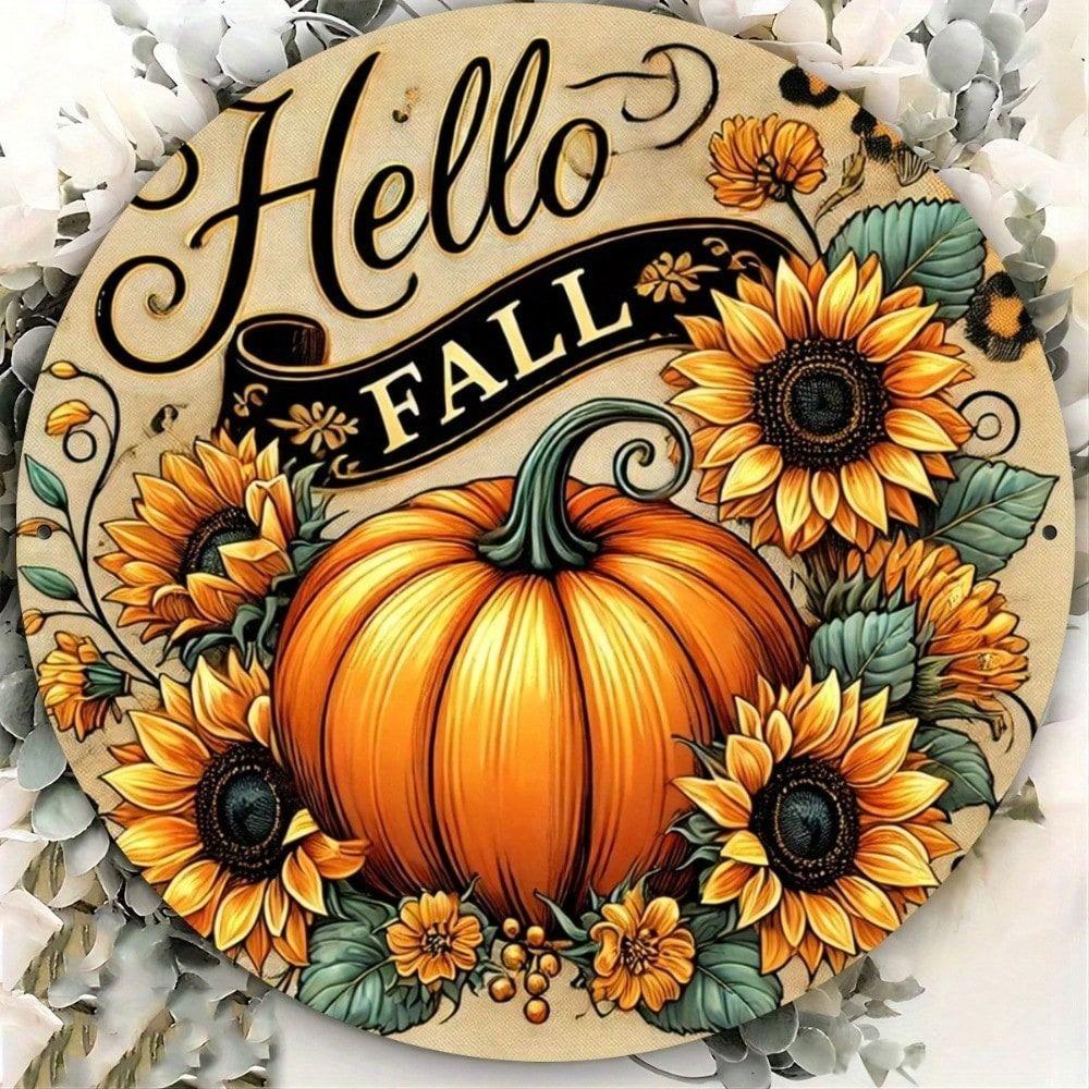 Tin Sign Fall Vintage Hello Fall Metal Poster, Farmhouse Wall Art 8x8 Inch