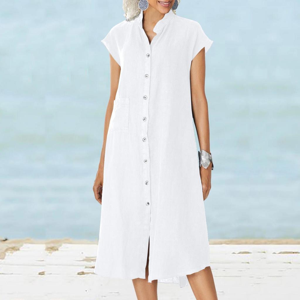 Cardigan Collar Shirt Dress-Single Breasted Linen Blend Pocket Dress for Women,Plus Size Open Front Tunic with Stand Neck, Casual Chic Layering Piece