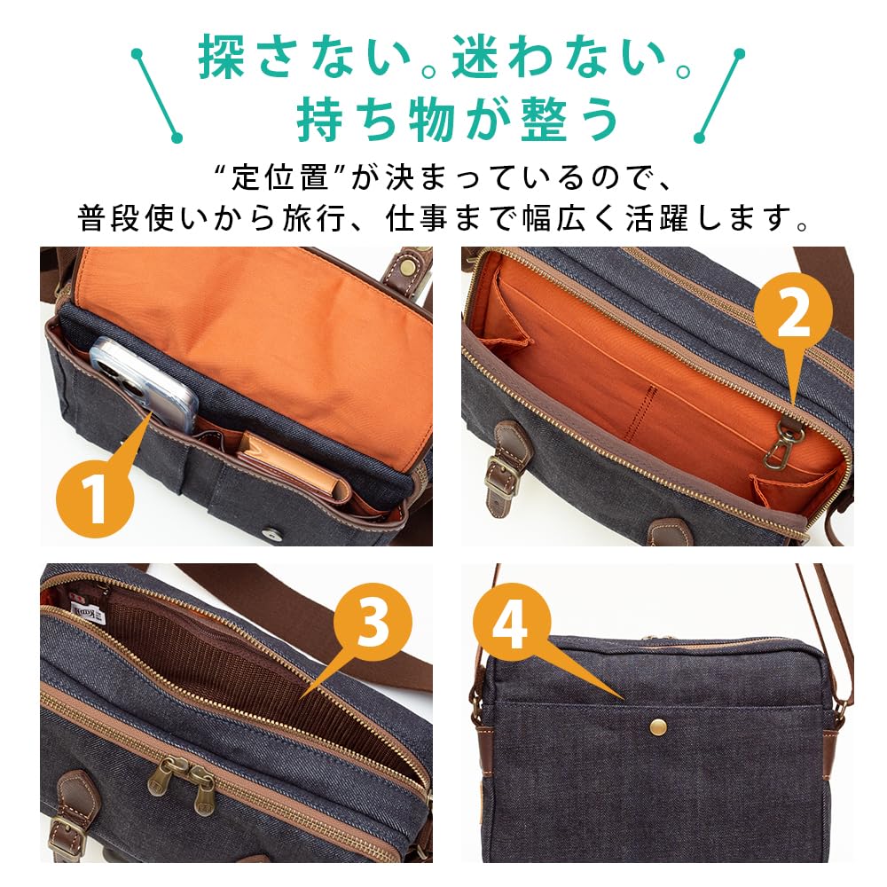Creare Kiki Men's Shoulder Bag, Lightweight, Crossbody, Made in Japan, Made with Okayama Denim, Multi-functional Pocket Shoulder Bag, Toyooka Bag,