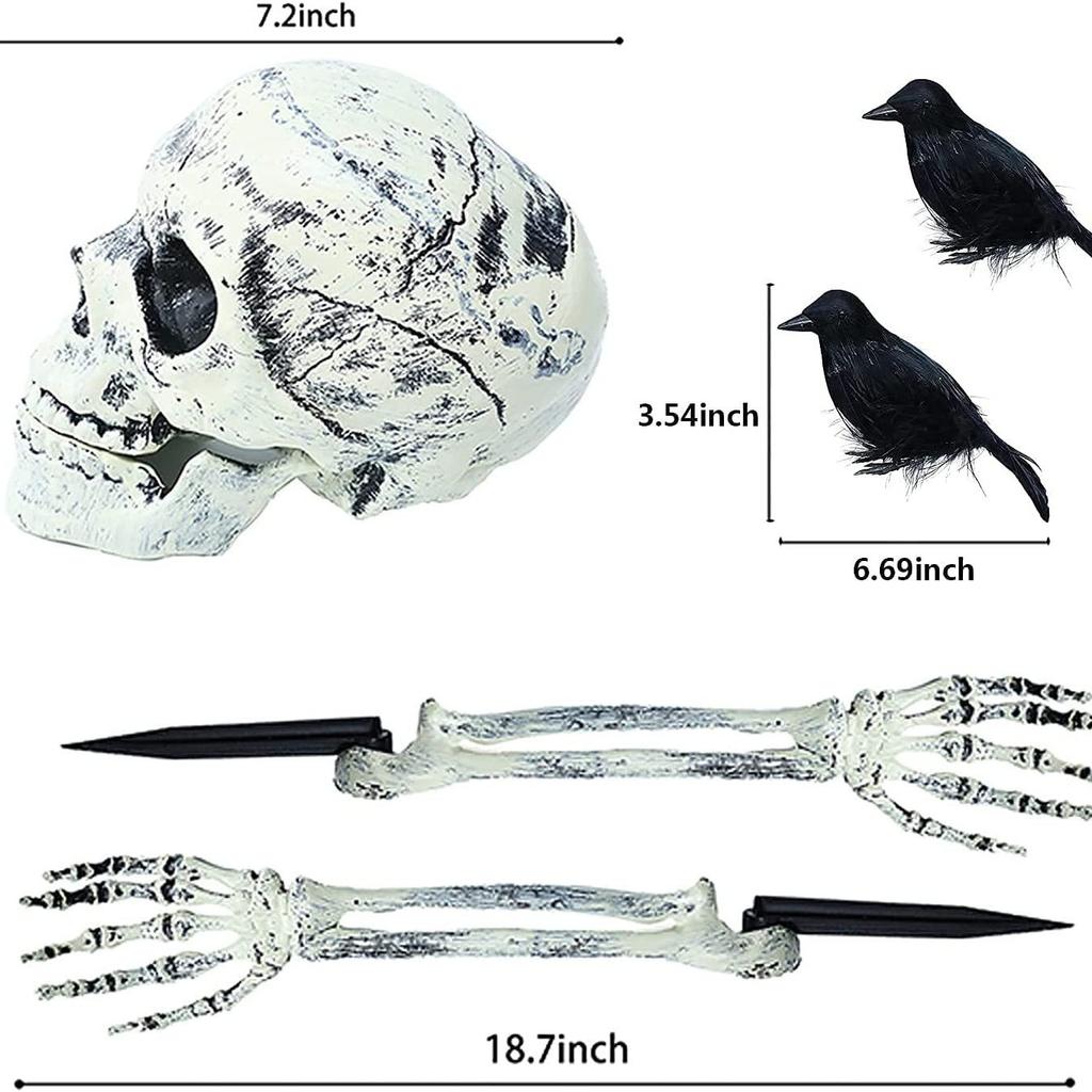 3pcs Halloween Decor Skeleton Stakes with Two Crows Realistic Skull Skeleton Head Human Hand Arms for Halloween Party Decoration