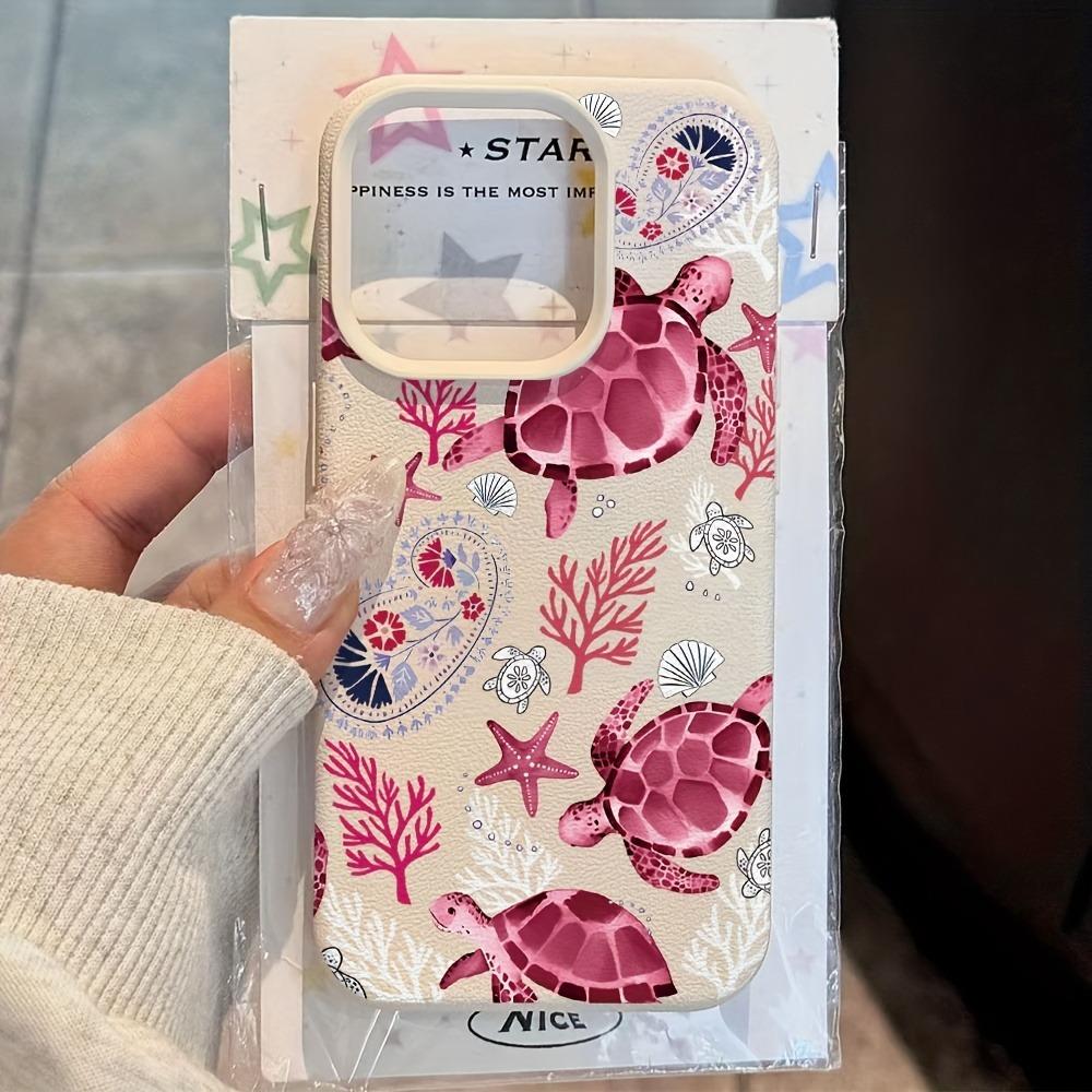 Pink Sea Turtle Print Lychee Texture Phone Case For iPhone 11 12 13 14 15 16 17 Pro Max 14 15 Plus 17 Air Silicone Soft Cover
