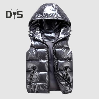 Man Bomullsväst Höst Vinter Huva Ärmlös dragkedja Placket Jacka med fickor Enfärgad blank finish Dun Quiltad väst Coat