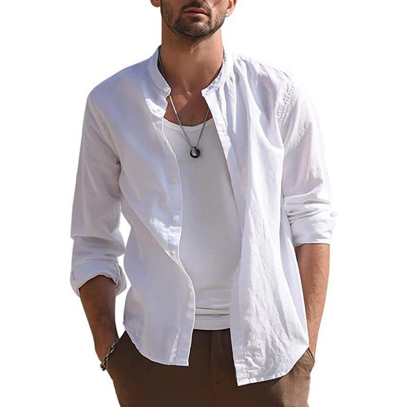Mens Retro Casual Loose Long Sleeve Stand Collar Solid Shirt