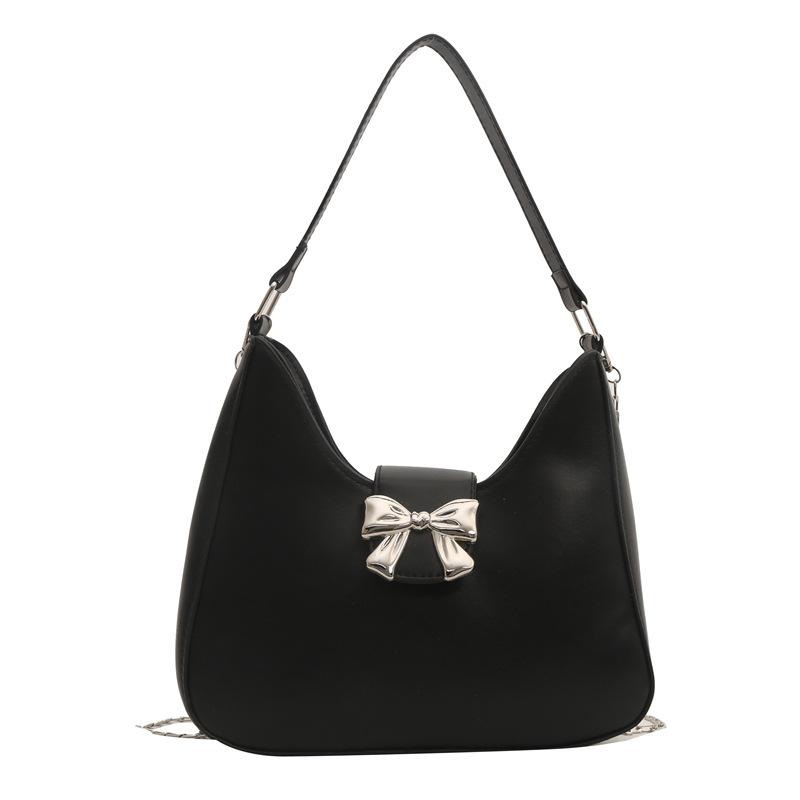 

Сумка-мешок с бантом женская 2024 новая модная корейская версия однотонная сумка подмышками текстурная цепочка сумка-мессенджер чёрный