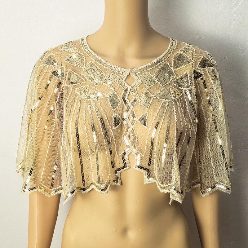 Vestido de una pieza con lentejuelas, chal estilo europeo y americano y chaleco tipo cárdigan de malla