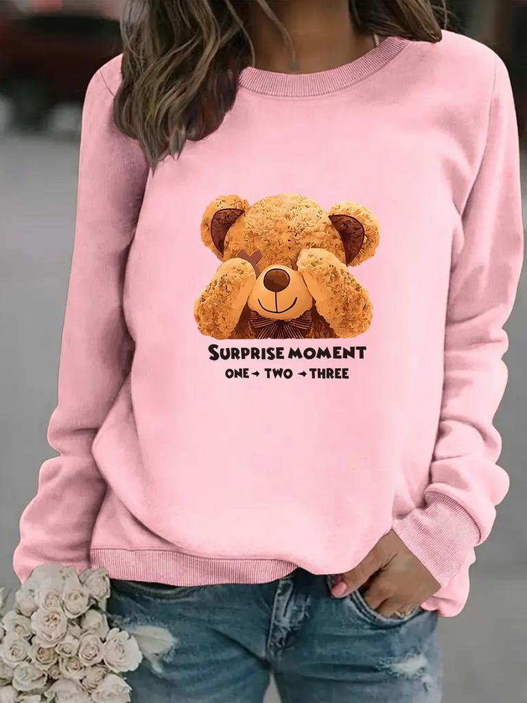 Autumn and winter women's casual long-sleeved crew neck cartoon bear print pullover sweatshirt sweater on
