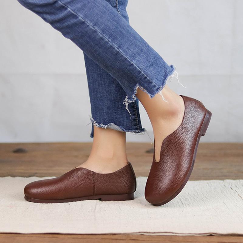 

Туфли ручной работы из натуральной кожи Оригинальные литературные туфли на плоской подошве из коровьей кожи для женщин 38 кофейный