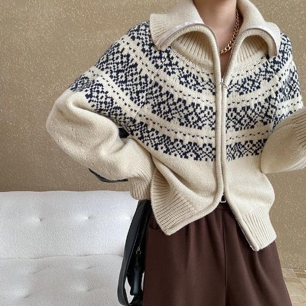 Korean Style High Neck Retro Jacquard Sweater Women's Double Zipper Knit Cardigan