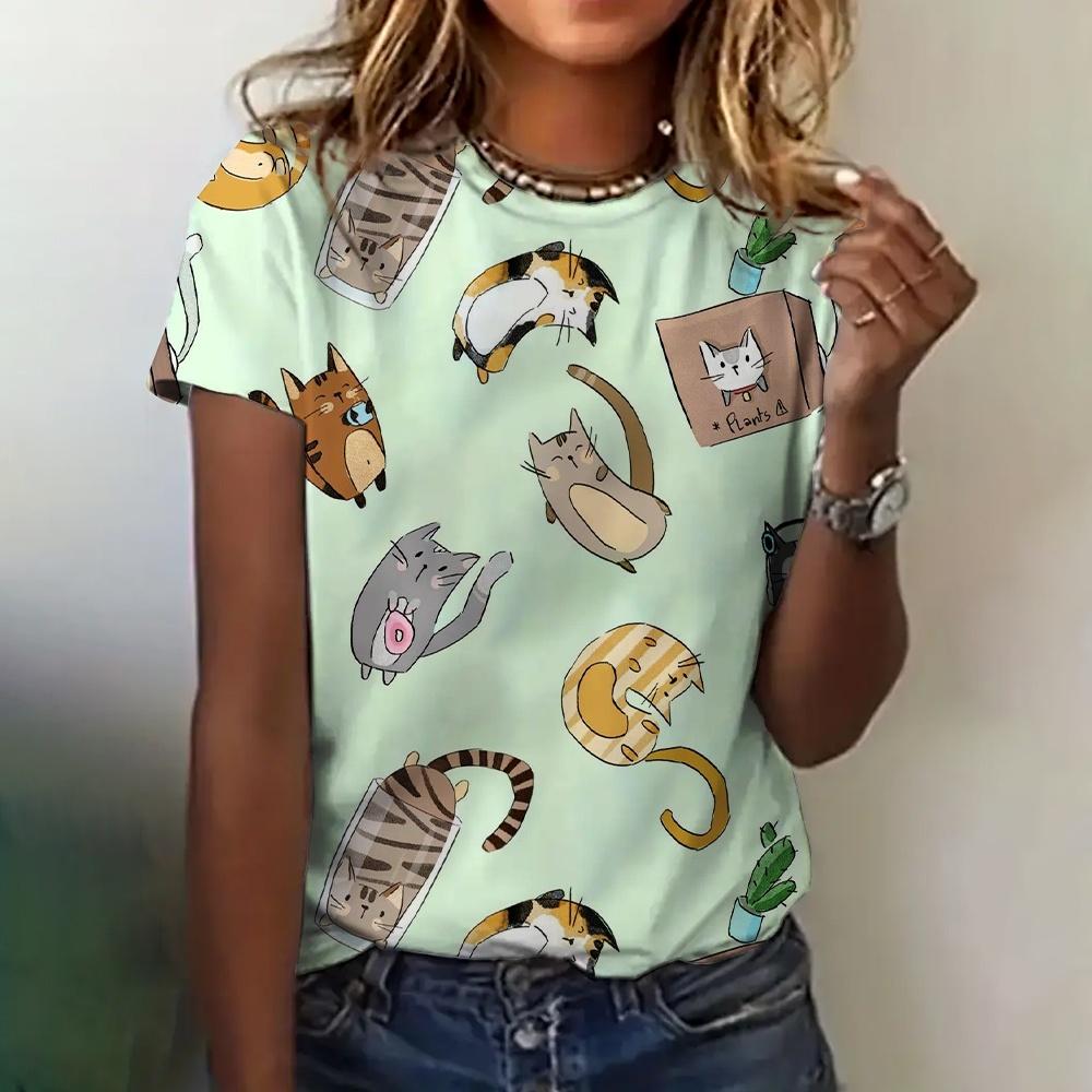 Women's T-shirt Summer Cartoon Cat 3D Printed T-shirt Women's Fashion Casual Round Neck Short Sleeve T-shirt Women's Top T-shirt Elegant