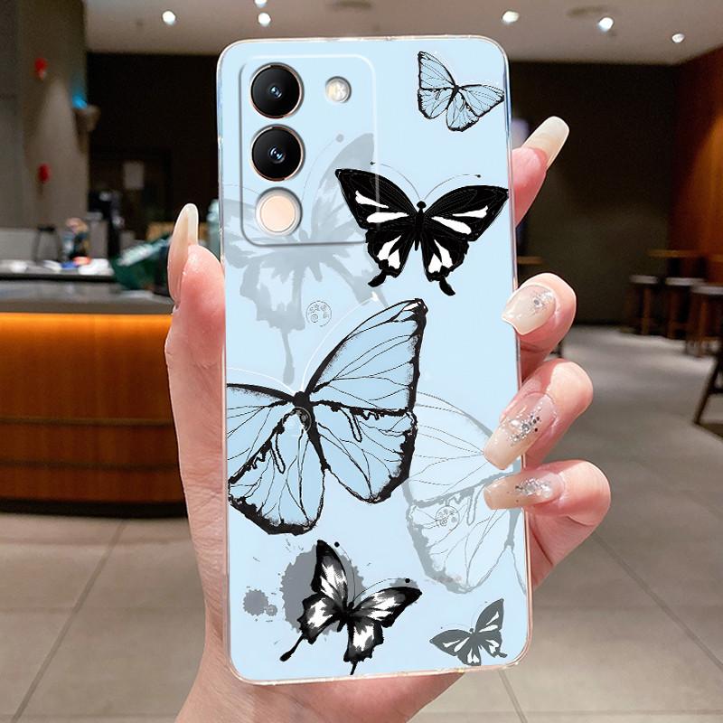 Phone Case For Vivo V29e V27e 5G Slim Soft TPU Cover Clear Silicone Aesthetic Luxury Fashion Butterfly Flowers New Design Case