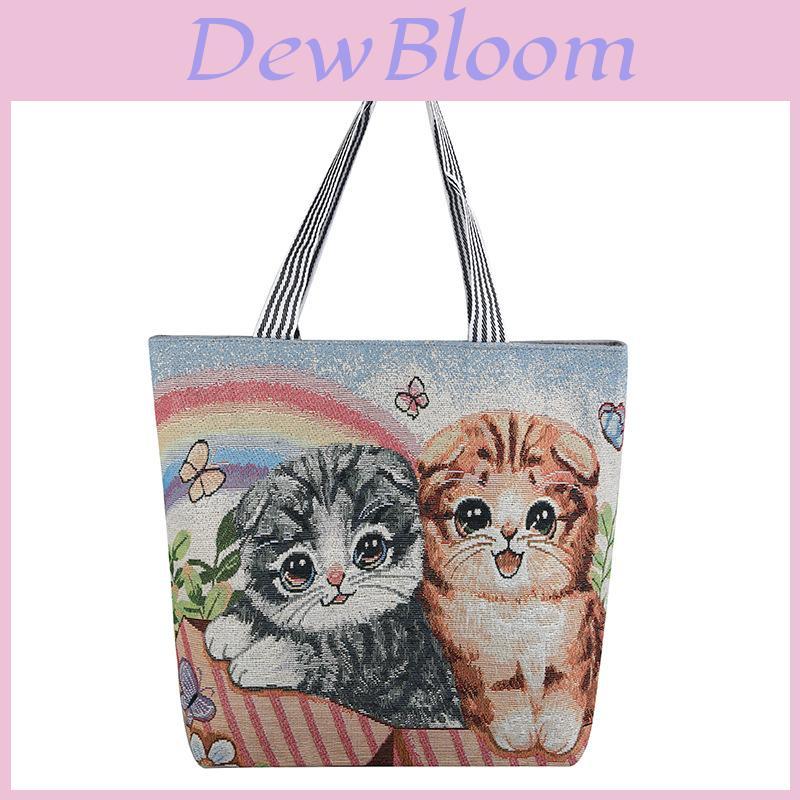 Cat Canvas Tote Bag With Embroidery For Casual Travel And Shopping