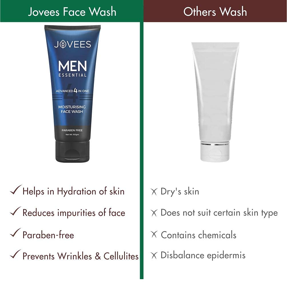 Jovees Herbal Men's Essential 4 In 1 Moisturizing Face Wash with Vitamin C and E 100g for Clean Clear Skin
