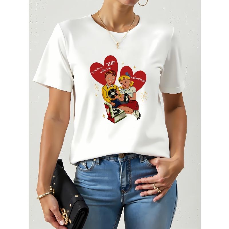 European Size Womens Casual Short Sleeve T Shirt Black Retro Valentine's Graphic Print Vintage Microphone Hearts Mid Stretch Round Neck