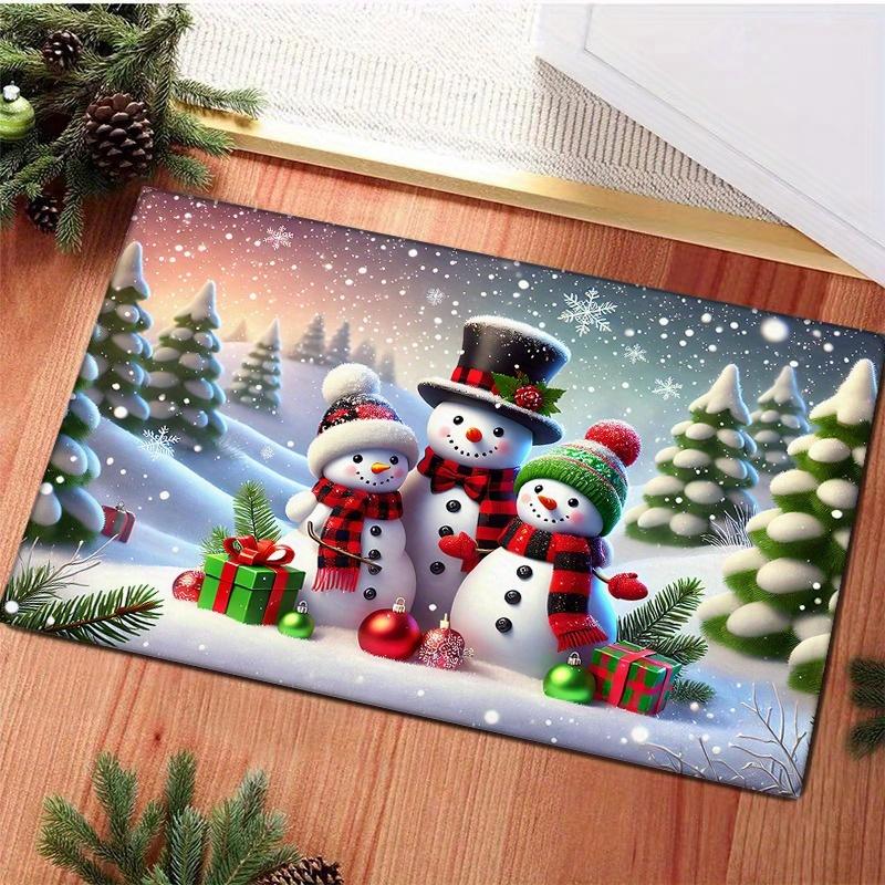 Winter Snowman Flannel Door Mat Carpet, 3 Snowman Print Absorbent Non-Slip for Kitchen Living Room Bedroom Bathroom Decor