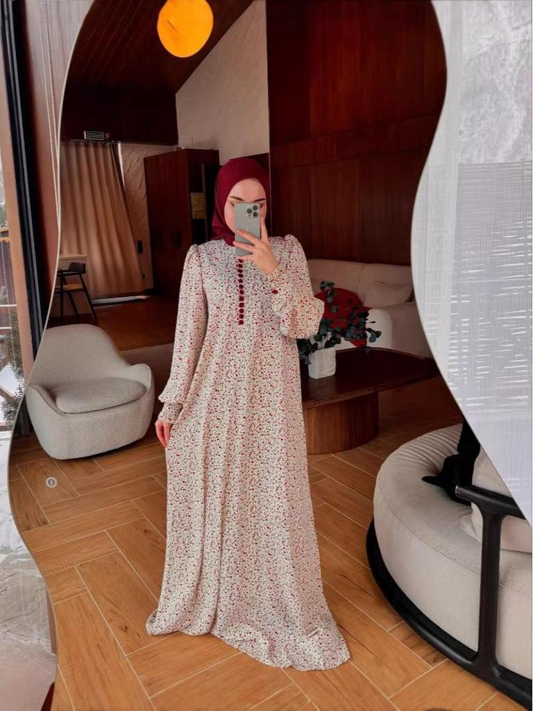 Cross-Border Muslim Women's Floral Long-Sleeved Swing Dress for Spring and Autumn