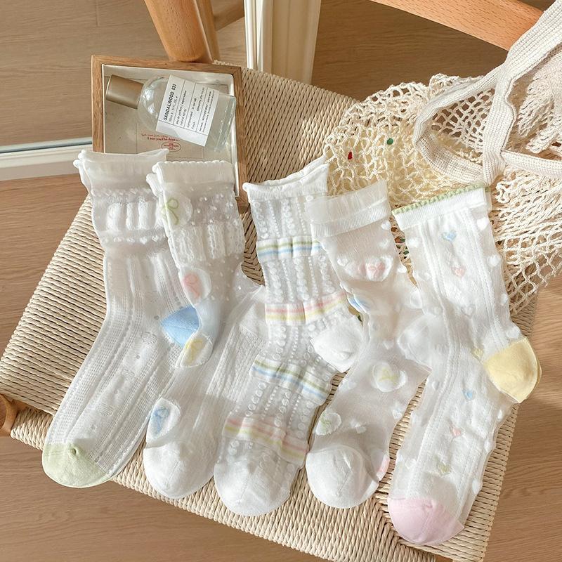 Spring and Summer Lightweight Socks - Cute Children's Butterfly Knot Ankle Socks with Rolled Edges and Transparent Silk Stockings