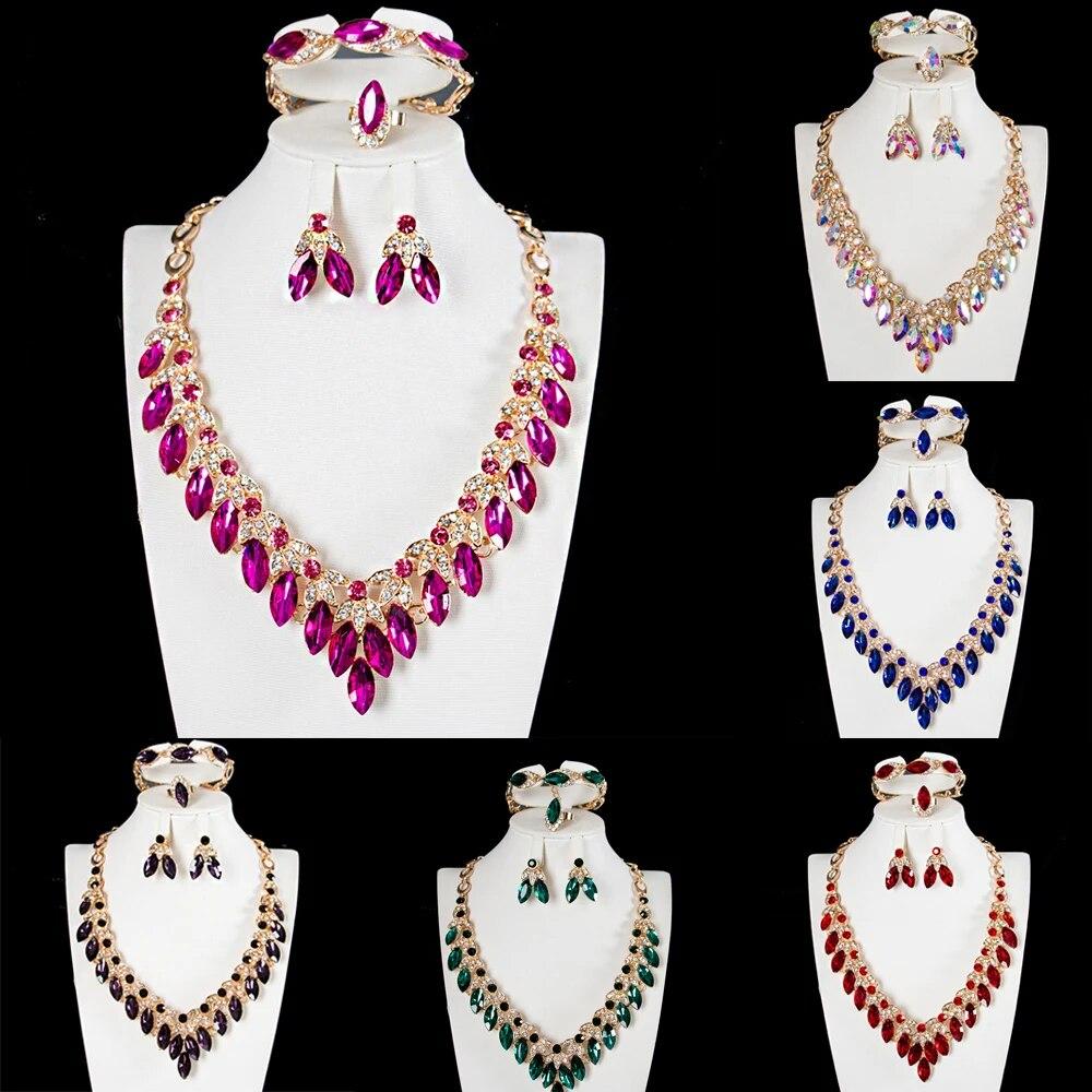 

4 шт. Кристалл Индийский Капли Воды Эффектное Колье Свадебные Женские Серьги Браслет Ожерелье Кольца Серьги Комплект Ювелирных Изделий Свадебная Вечеринка