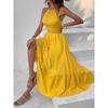 Damen Smocked Neckholder Maxikleid Ärmellos A-Linie Lässig Sommer Sonnentuchkleid