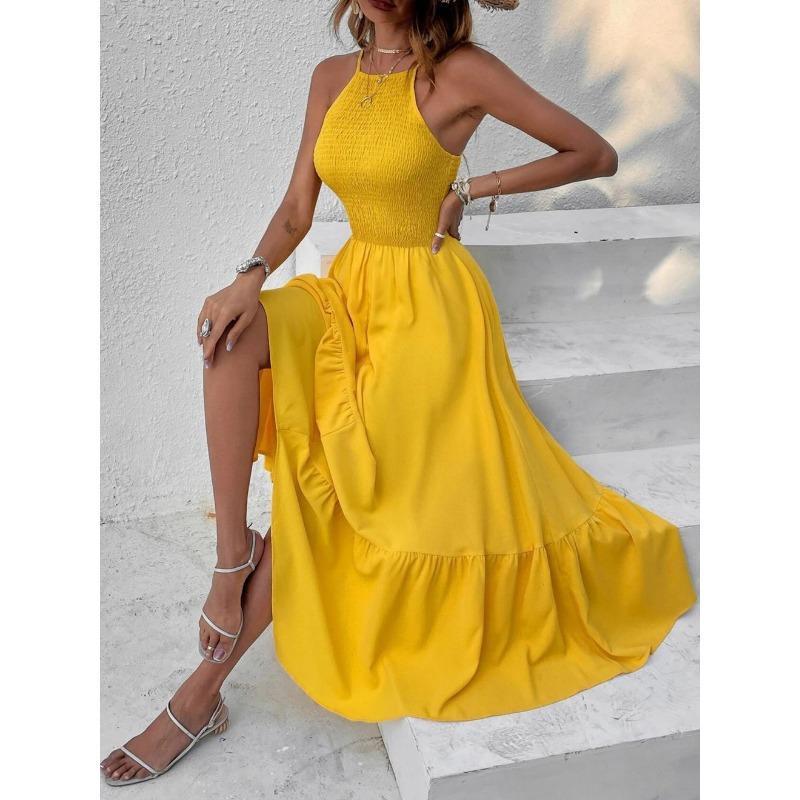 Damen Smocked Neckholder Maxikleid Ärmellos A-Linie Lässig Sommer Sonnentuchkleid