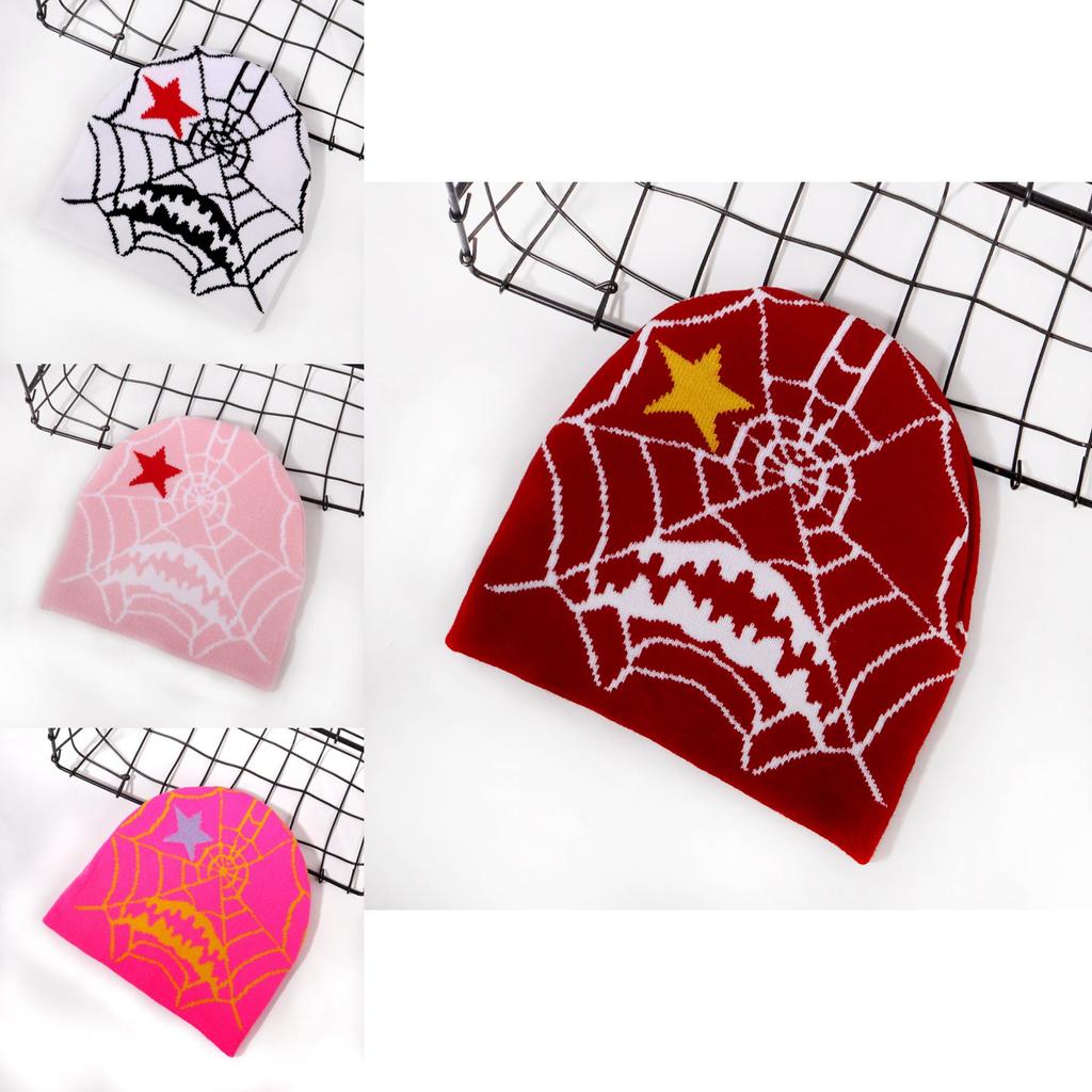 Knit Hat With Spider Web Pattern For Streetwear And Winter Warmth