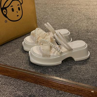 Summer European Style New Fashion Pearl Fairy Wind Two Wear Foreign Air Wear Thick Soles Non-slip Sandals Women