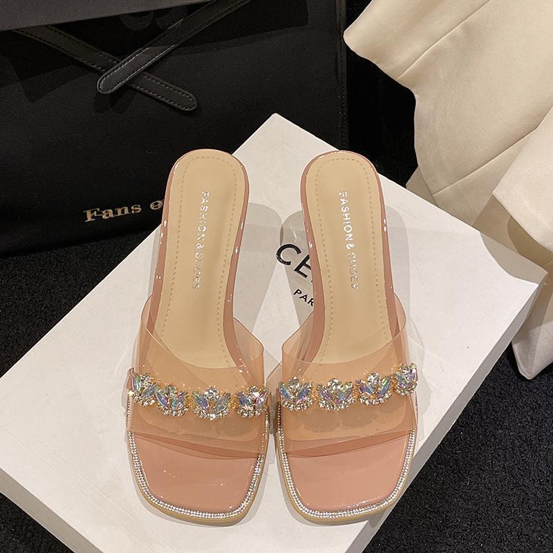 Transparent high-heeled cool slippers for women's summer wear 2025 new fairy feng rhinestone thick heel one-word crystal sandals