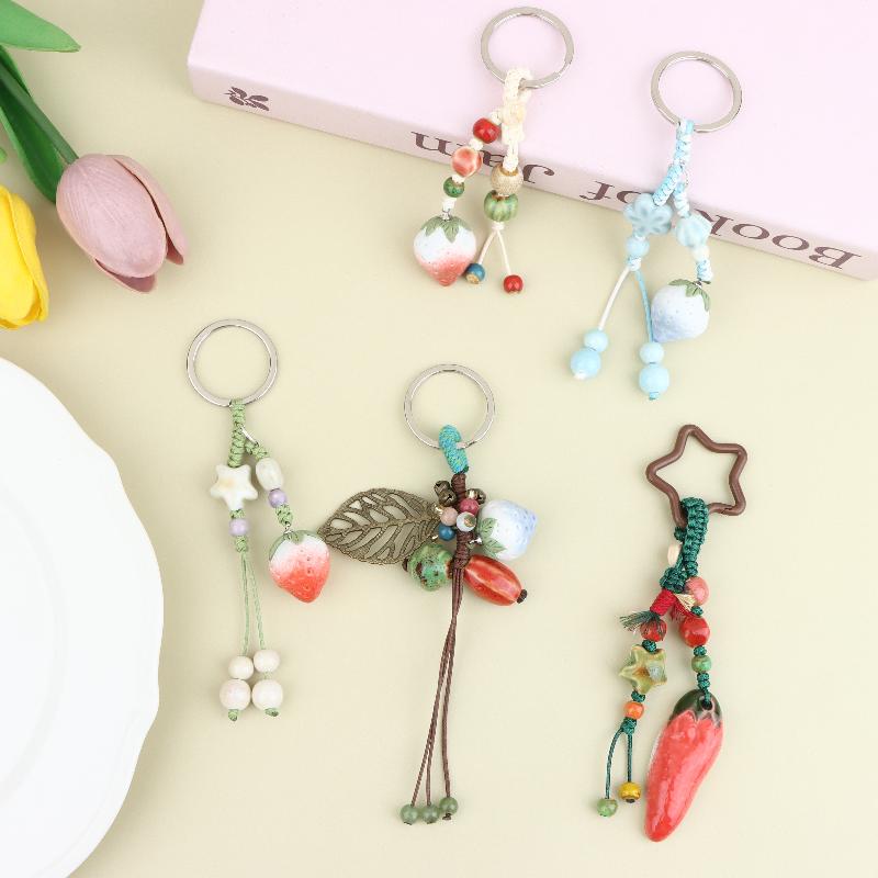 Handmade Ceramic Strawberry Pepper Keychain Vintage Style Smooth Surface Key Ring for Purse Hanging Decoration Gift