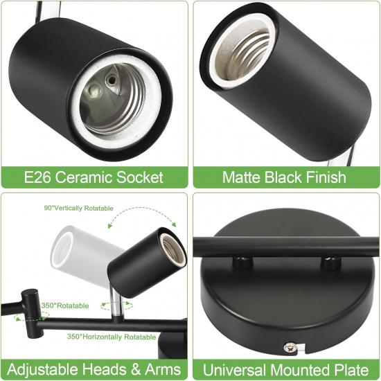 Kimjo 6-Light Track Lighting Fixtures Ceiling, Flush Mount Black Track Light Kit with Rotatable E26 Light Heads, Directional Kitchen Ceiling