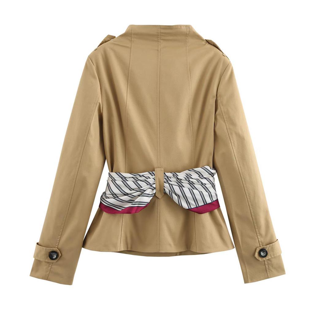 Spring 2025 Women's European & American Style Fashion Print Short Trench Coat with Scarf Detail