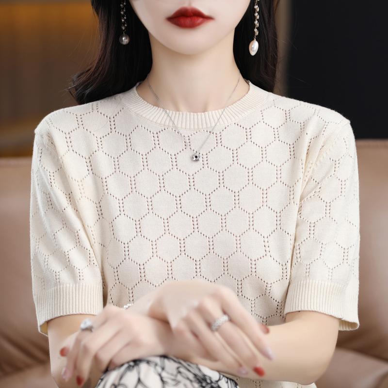 Crew Neck Hollow Knitted Short-sleeved Summer New Solid Color Loose T-shirt Thin Hollow Vest Half-sleeved Top