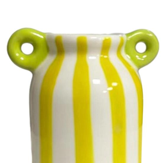 Ceramic Striped Flower Vase with Dual Handles Hand Painted Small Decorative Vase