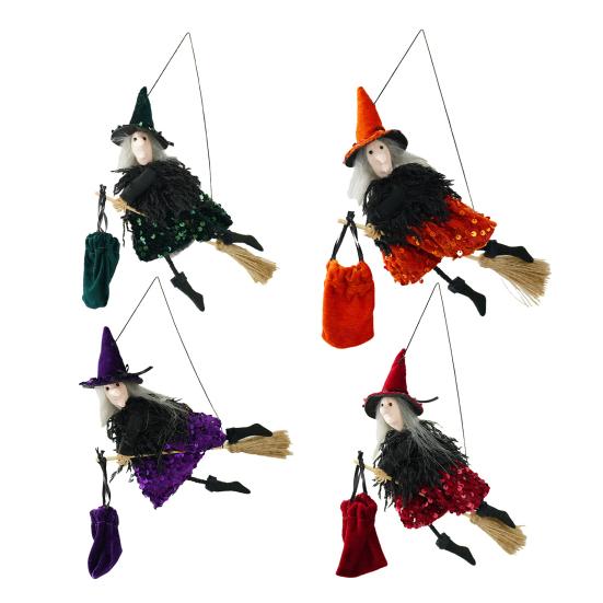 Halloween Hanging Witch Decor Hangable Witch Doll Ornament Small Flying Witch Figurine On A Broom for Garden Yard Haunted House Halloween Decor