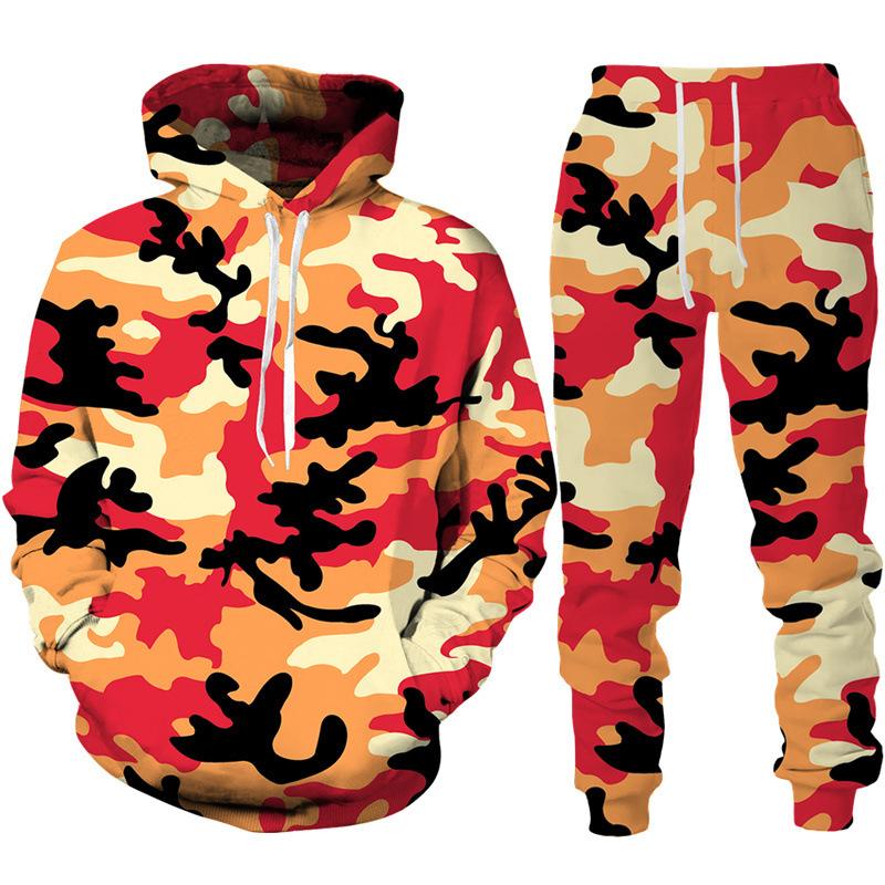 Nuovo Completo Tuta con Cappuccio e Pantaloni da Uomo Camouflage Stampa Felpe con Cappuccio Tute Sportive Casual Abbigliamento alla Moda da Uomo Set da 2pz