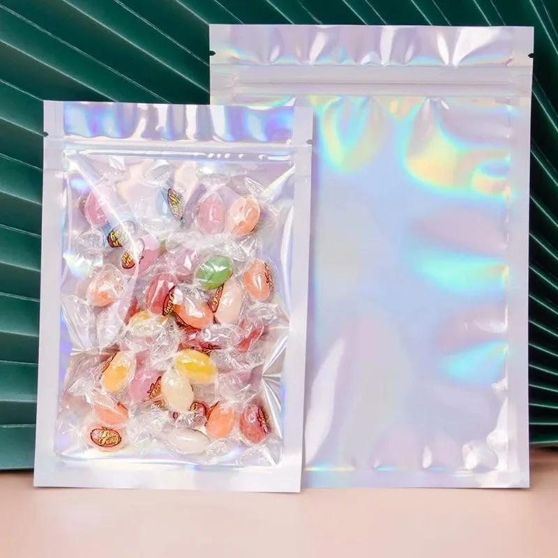 50/10pcs Iridescent Self-Sealing Bags Plastic Laser Clear Storage Bag Makeup Jewelry Gift Zipper Bags Candy Packaging Pouches
