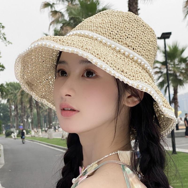 Women'S Double-Layer Pearl Large Brim Hand Hook Straw Woven Hat, Summer Beach Fisherman Hat, Outdoor Sun Shading Sun Hat