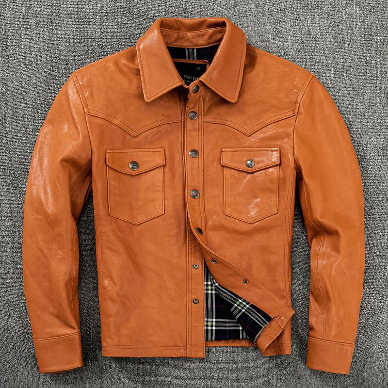 

Pure Sheepskin Genuine Leather Jacket Men s Orange Woven Shirt Slim Short Shirt Leather Jacket M оранжевый