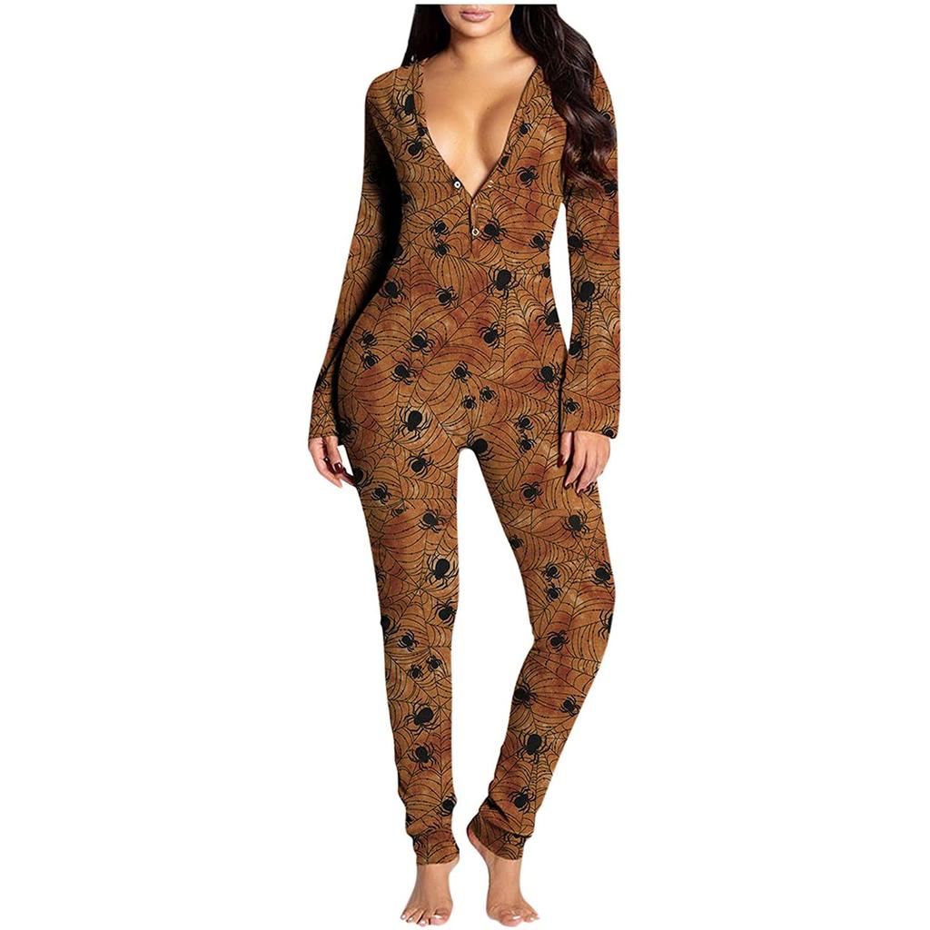 Women's Button-Down Halloween Print Functional Buttoned Flap Adults Jumpsuit